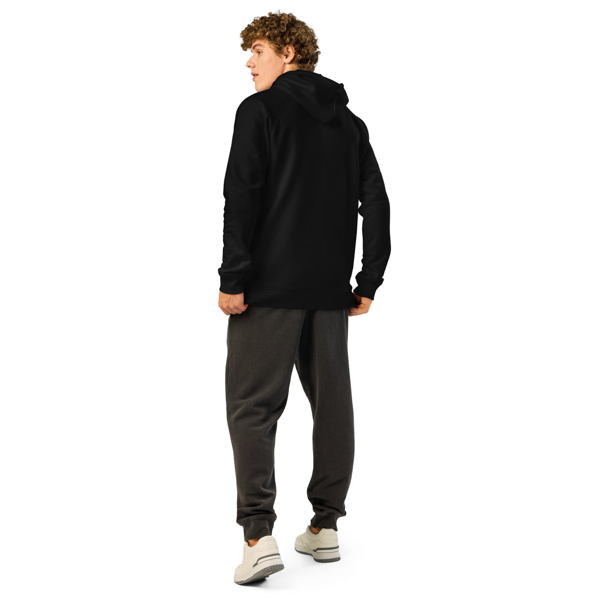 Unisex Organic Side Pocket Hoodie by Cranston Bean Mariner, showing full rearview model body 3/4 back angle looking left side