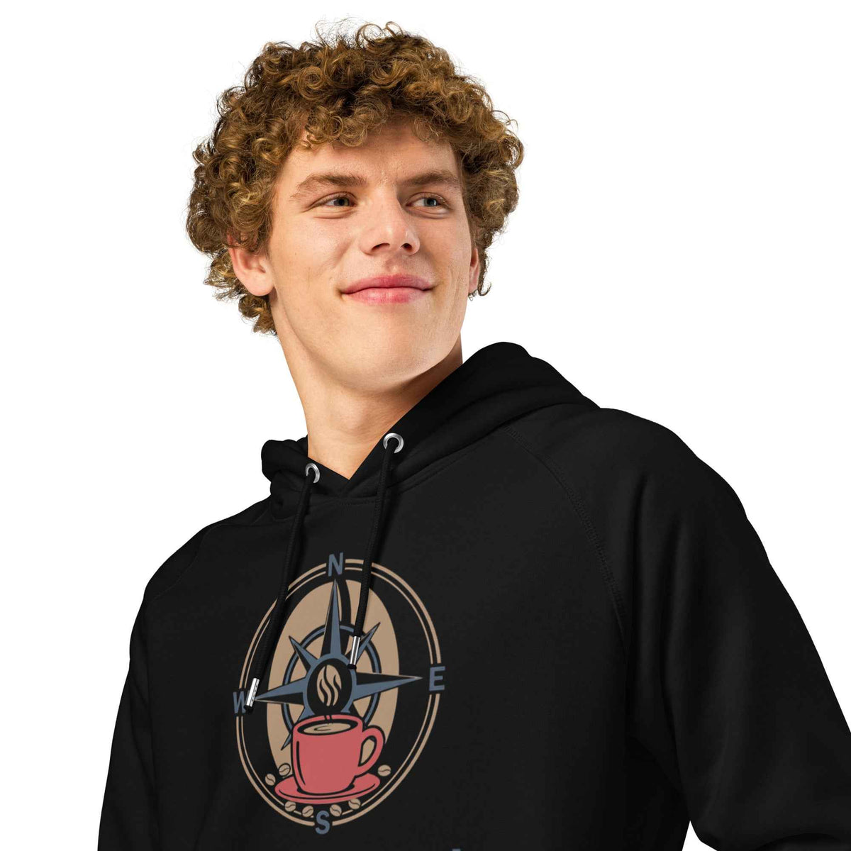 Unisex Organic Side Pocket Hoodie by Cranston Bean Mariner, showing a head and shoulders close view model looking slight left