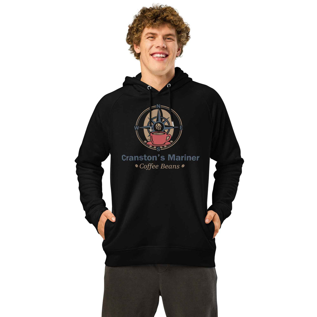 Unisex Organic Side Pocket Hoodie by Cranston Bean Mariner, showing a standing smiling model forward with hands in pockets