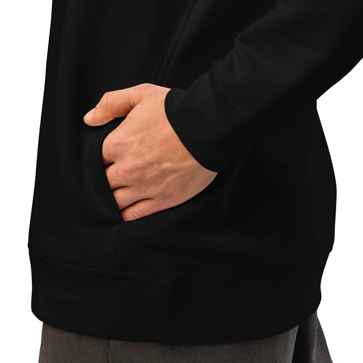 Unisex Organic Side Pocket Hoodie by Cranston Bean Mariner, showing similar side view model no head with fingers in pockets