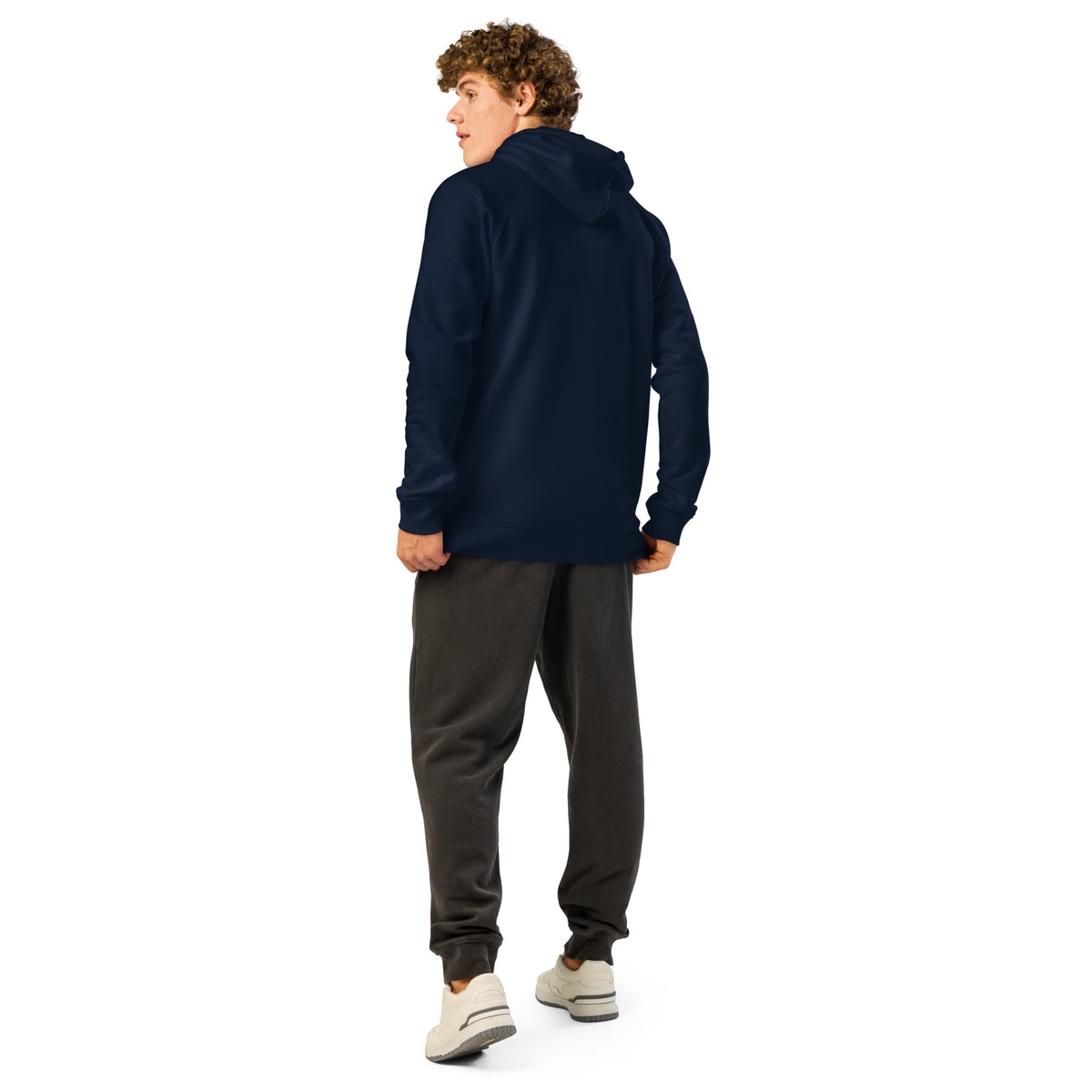 Unisex Organic Side Pocket Hoodie by Cranston Bean Mariner, showing a 3/4 pose with hands in pockets head looking angle left