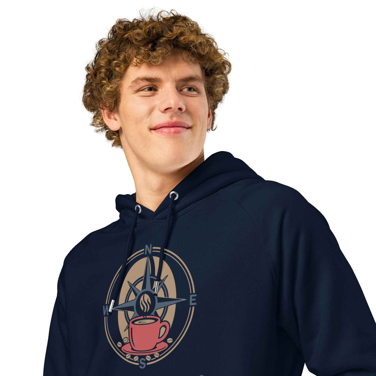 Unisex Organic Side Pocket Hoodie by Cranston Bean Mariner, showing model 3/4 left view with head straight eyes smiling look