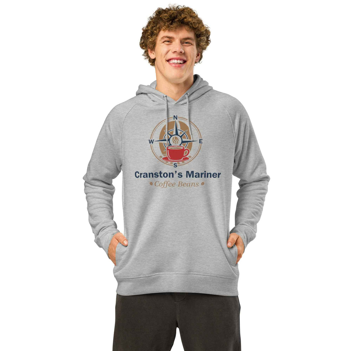 Unisex Organic Side Pocket Hoodie by Cranston Bean Mariner, heather grey, smiling, standing  model looking straight ahead