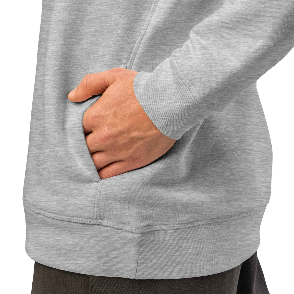 Unisex Organic Side Pocket Hoodie by Cranston Bean Mariner, heather grey, close-up of hand inside the kangaroo pocket view
