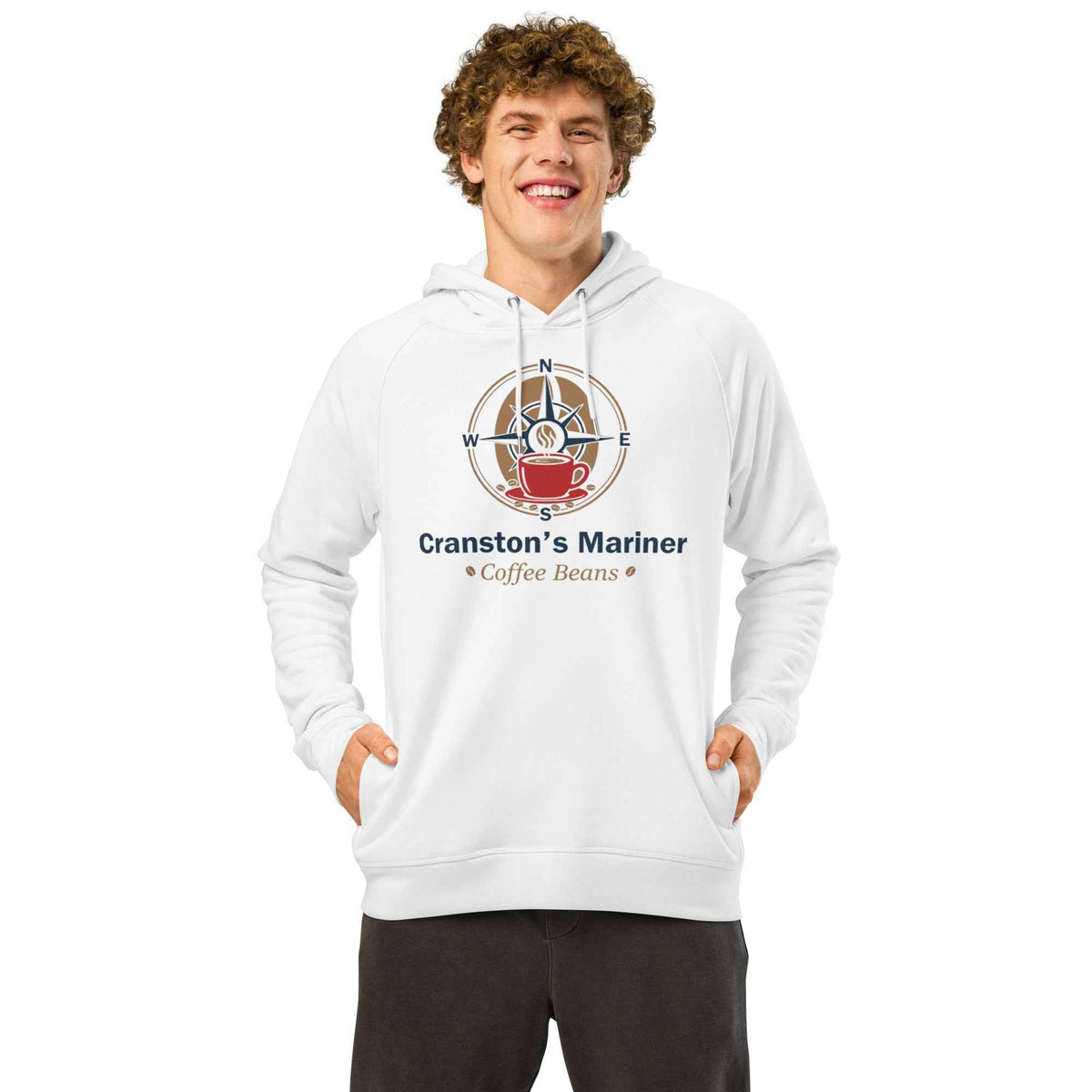 Unisex Organic Side Pocket Hoodie by Cranston Bean Mariner, showing model in a white hoodie smiling eyes looking forward row