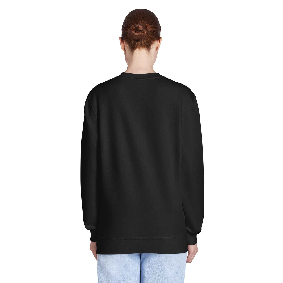 Unisex Premium Crew Neck true navy Sweatshirt by Cranston Bean Mariner with rear view on a standing model facing the screen