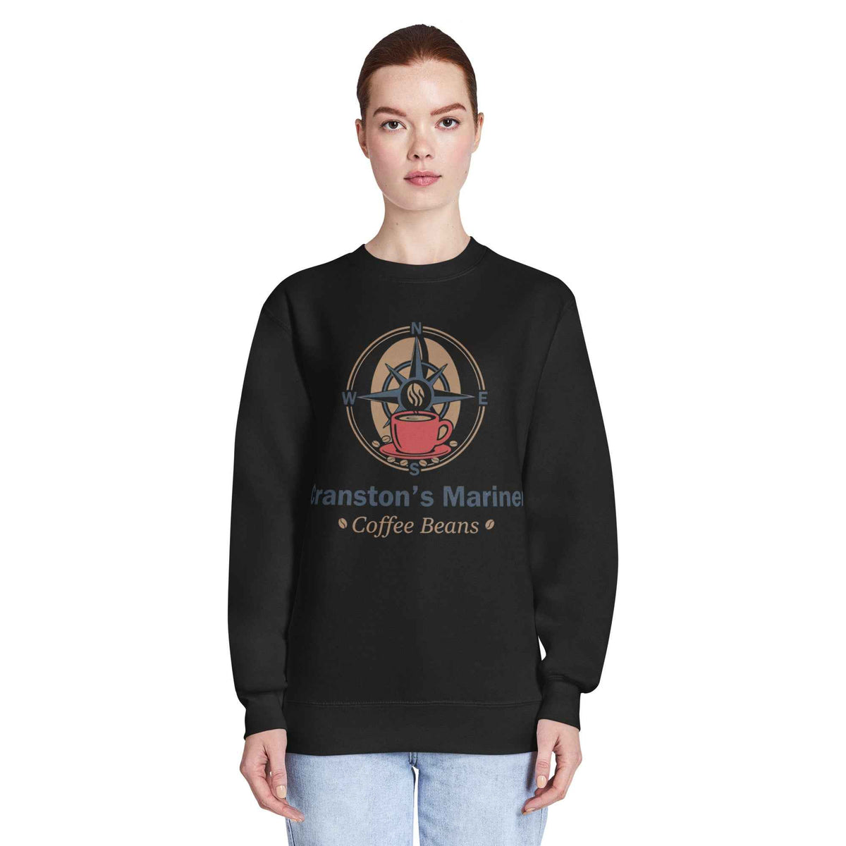 Unisex Premium Crew Neck black Sweatshirt by Cranston Bean Mariner, store logo in front, model, hands down, facing forward 