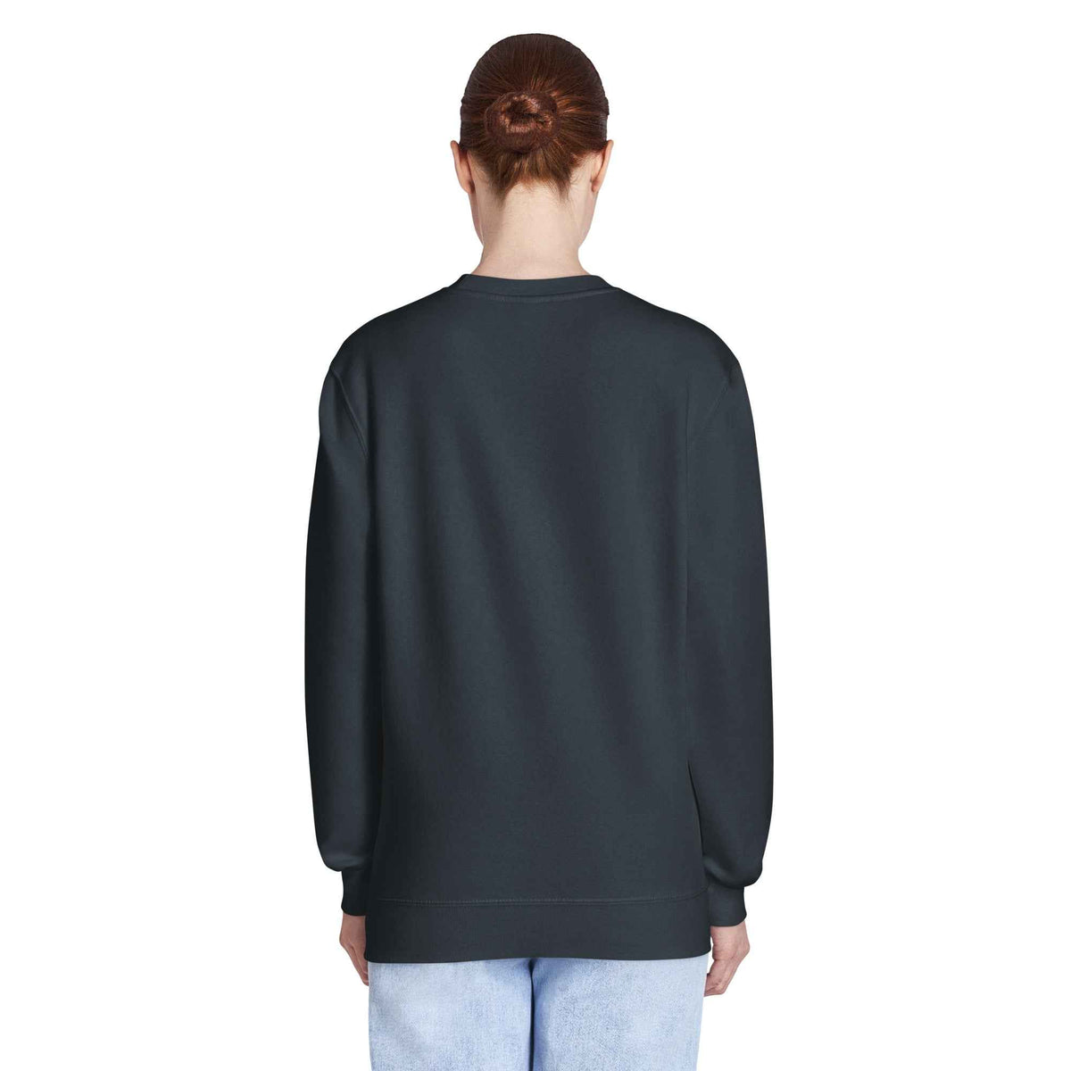 Unisex Premium Crew Neck  navy Sweatshirt by Cranston Bean Mariner with rear view standing model looking away from the screen