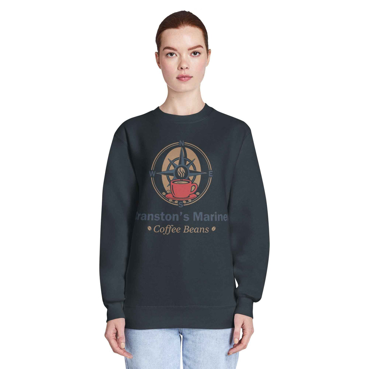 Unisex Premium Crew Neck navy Sweatshirt by Cranston Bean Mariner, store logo, model facing ahead, arms resting straight down