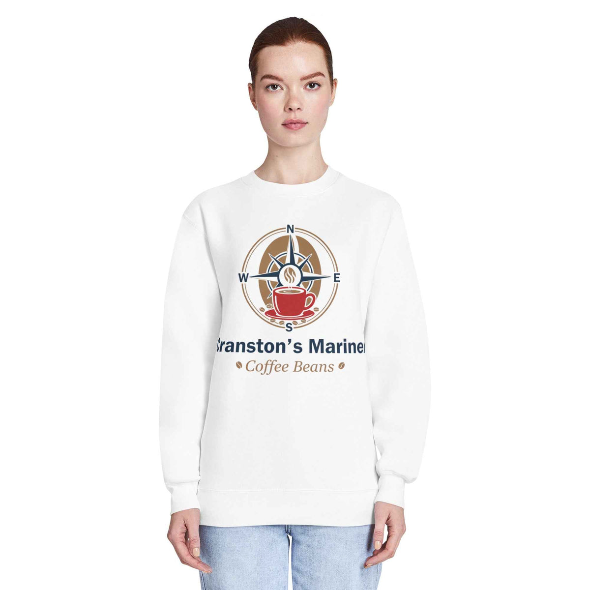 Unisex Premium Crew Neck white Sweatshirt by Cranston Bean Mariner, model facing forward with arms relaxing down by her sides