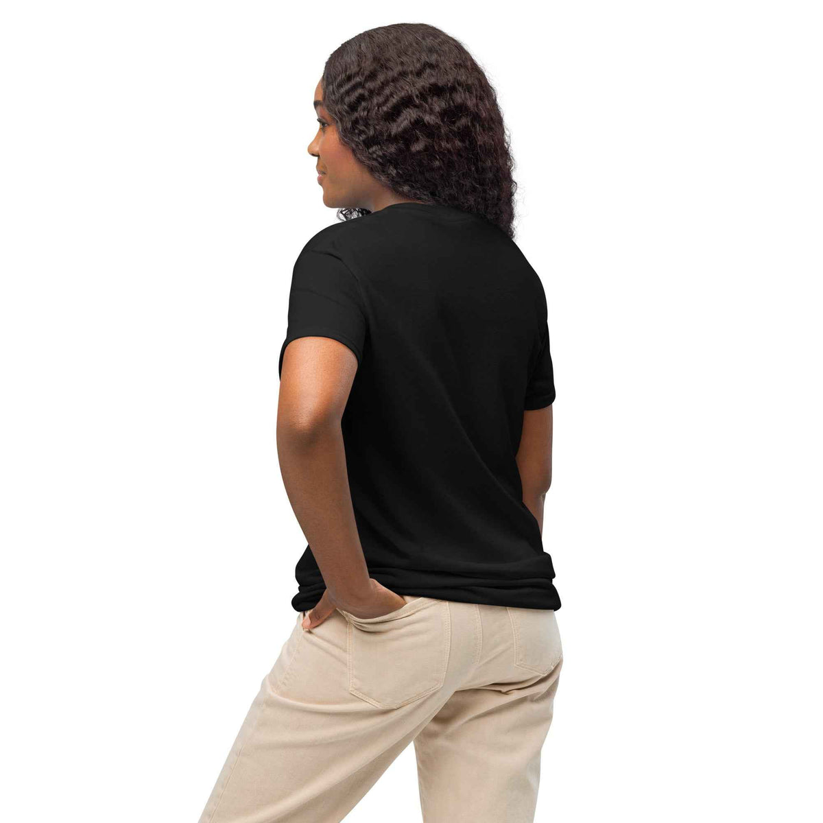 DryBlend black crew-neck T-shirt by Cranston Bean Mariner, seen from rear on model 3/4 lean, looking left, hand in hip pocket