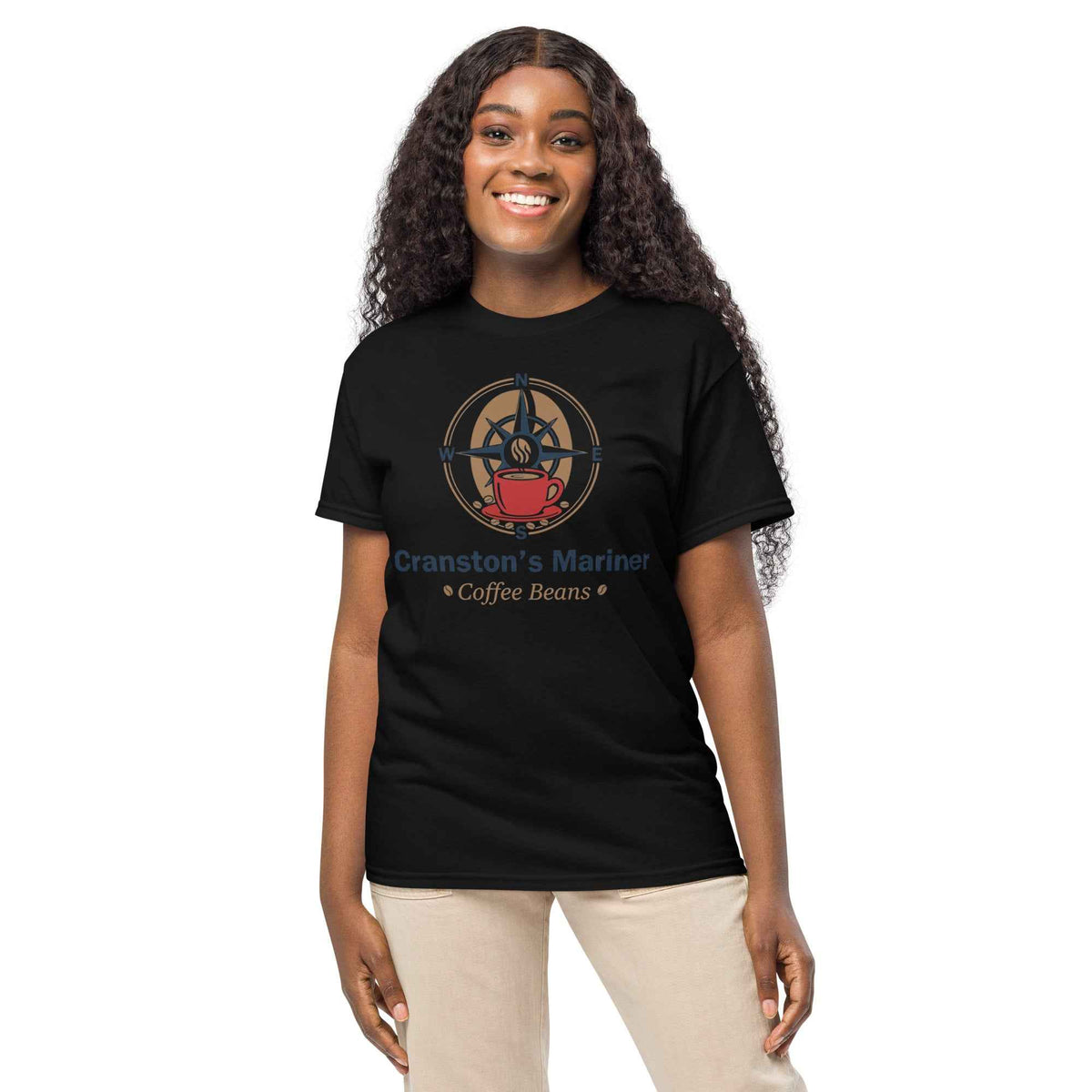 DryBlend black crew-neck T-shirt with classic store brand compass and coffee cup graphic chest print by Cranston Bean Mariner
