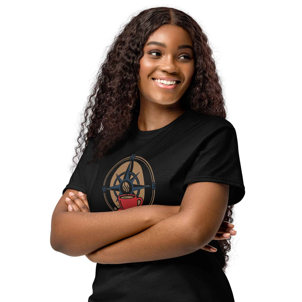 Black DryBlend T-shirt featuring Cranston Bean Mariner's design logo, on a smiling long curly hair model on white background