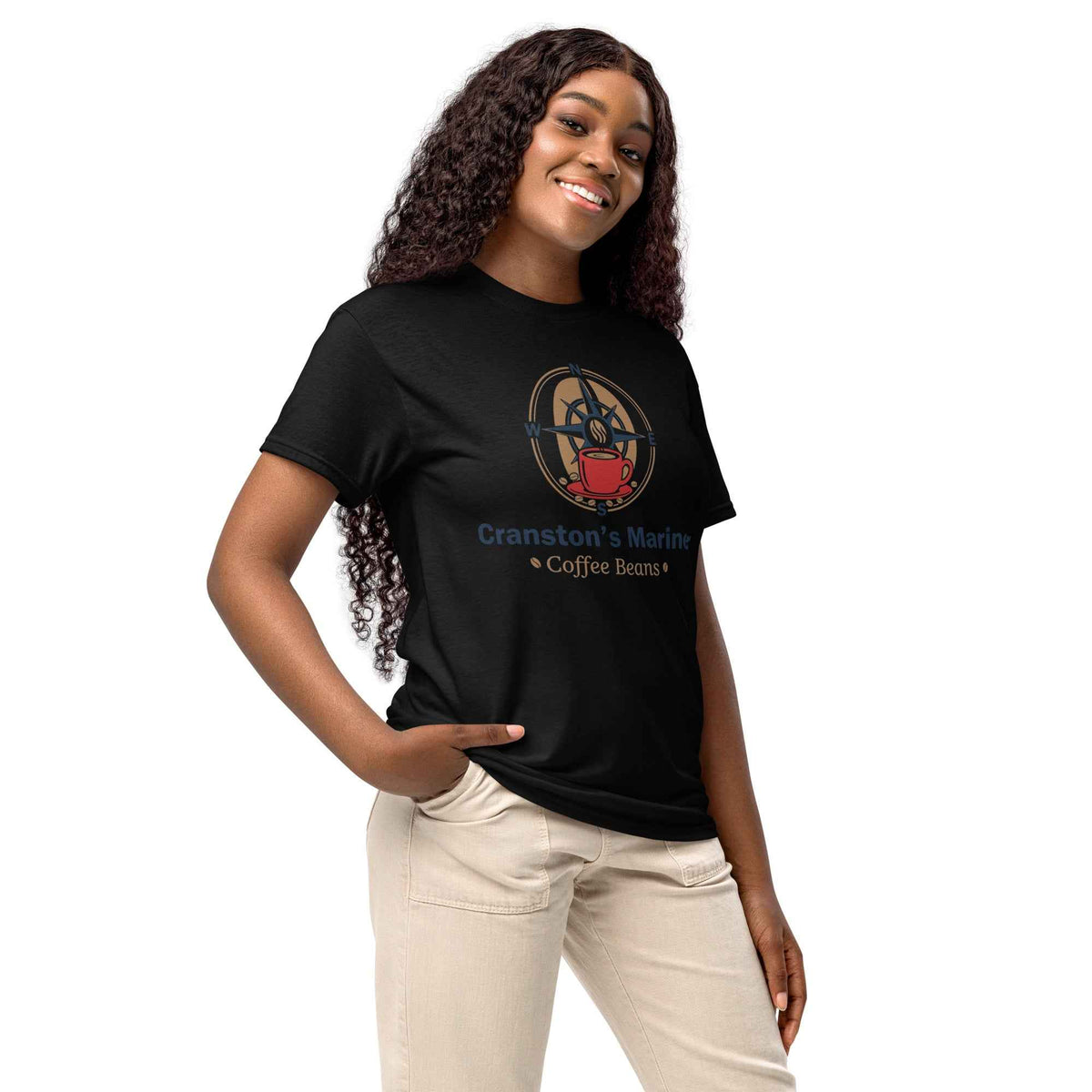  Cranston's Mariner Dryblend Edition T-shirt with nautical logo, on a woman styled with cream pants against white background