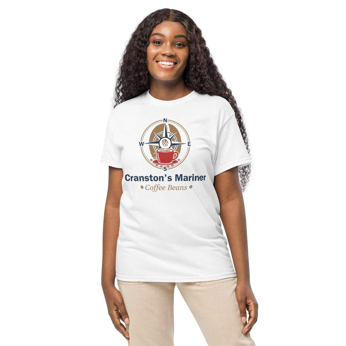 DryBlend white crew-neck T-shirt with classic store brand compass and coffee cup graphic chest print by Cranston Bean Mariner