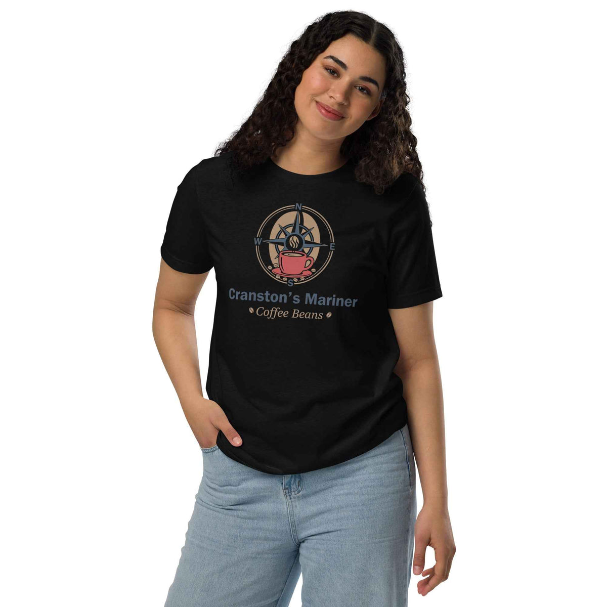 Unisex Staple Eco black T-shirt by Cranston Bean Mariner, front view model leaning head right with hand tucked inside pocket
