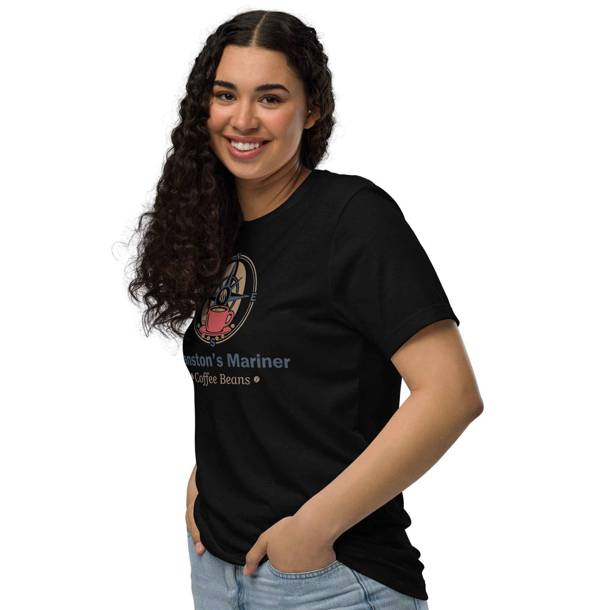 Unisex Staple Eco black T-shirt by Cranston Bean Mariner, short sleeve, side view, hand in pocket, model's eyes facing ahead 