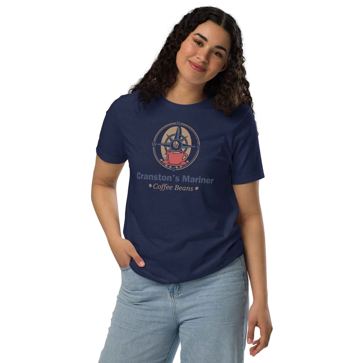 Unisex Staple Eco navy T-shirt by Cranston Bean Mariner, front view model leaning head right with hand tucked inside pocket
