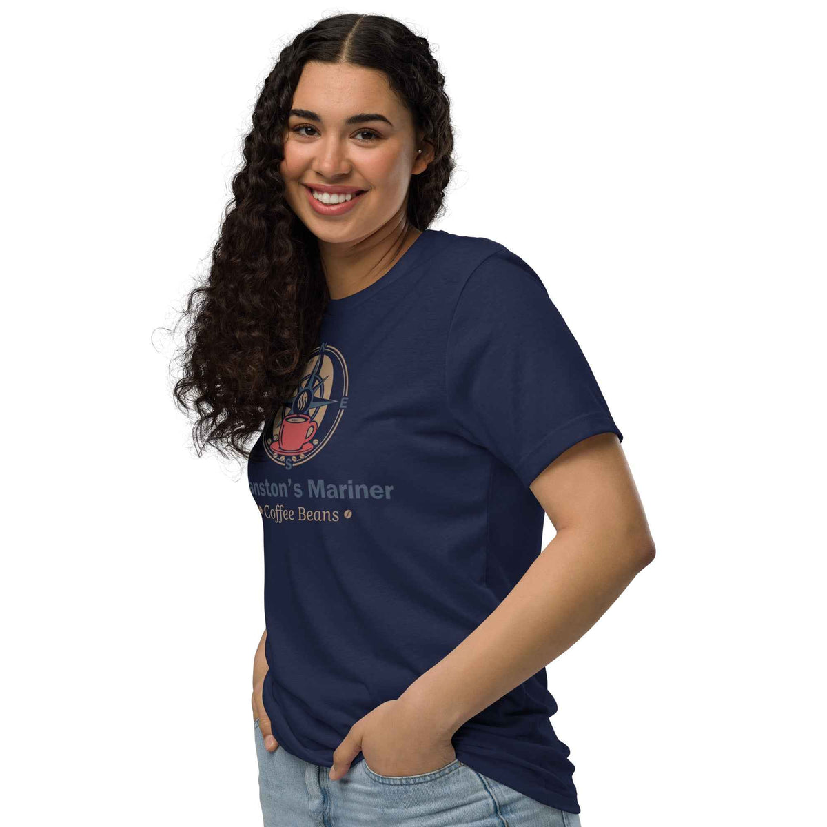 Unisex Staple Eco navy T-shirt by Cranston Bean Mariner, short sleeve, side view, hand in pocket, model's eyes facing ahead 
