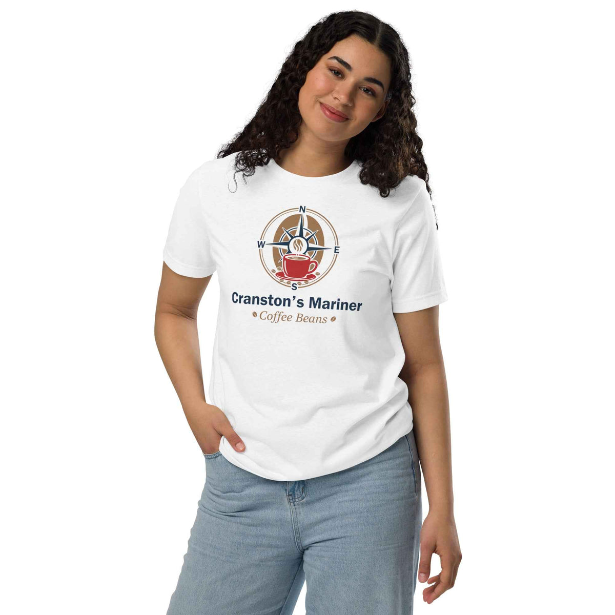 Unisex Staple Eco white T-shirt by Cranston Bean Mariner, front view, model's head leaning right and looking straight ahead