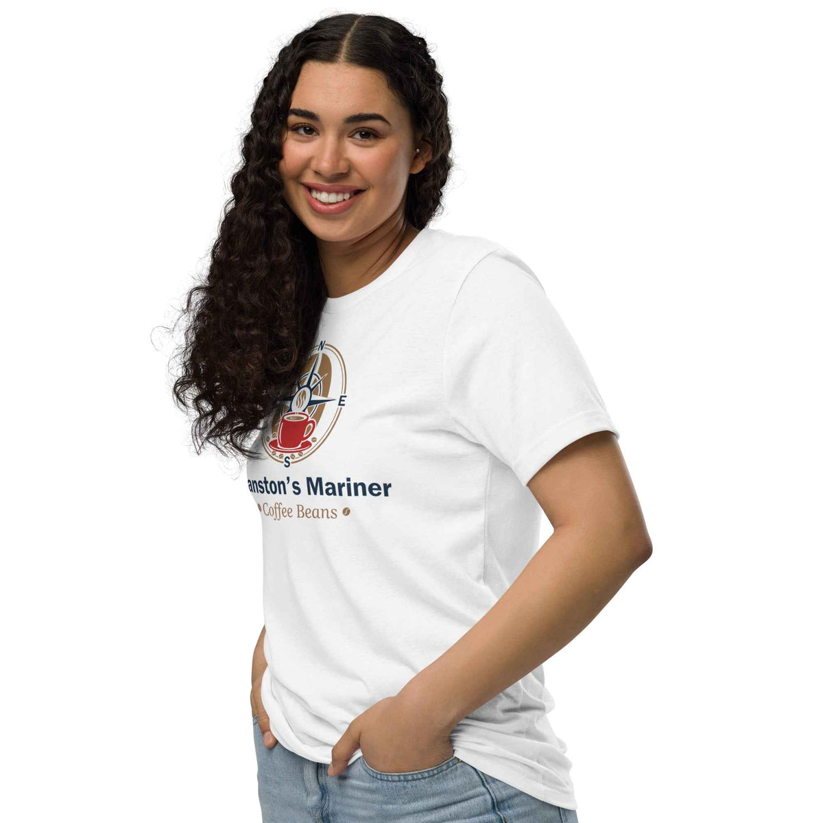 Unisex Staple Eco white T-shirt by Cranston Bean Mariner, short sleeve, side view, hand in pocket, model eyes focus straight